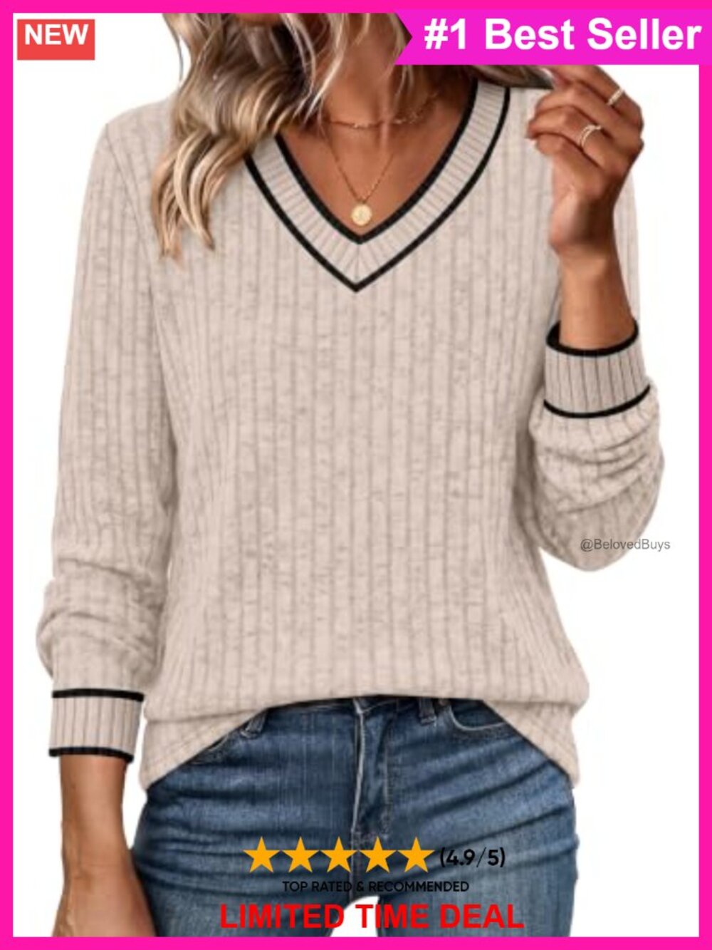 Womens V Neck Ribbed Knit Tunic Sweater Long Sleeve Pullover